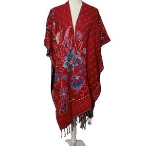 Red Wrap Shawl or Poncho Puffy Yarn Floral Embroidery Fringe Super Soft